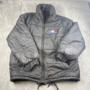 Vintage 90s Tommy Hilfiger Puffer Jacket Black Crest Logo Embroidered Streetwear